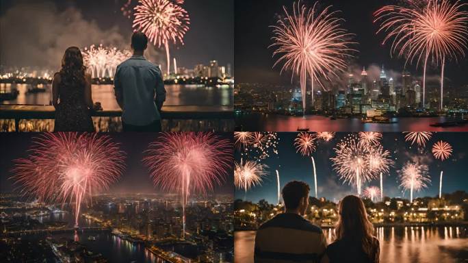 春节情人节城市烟花爆竹 4K