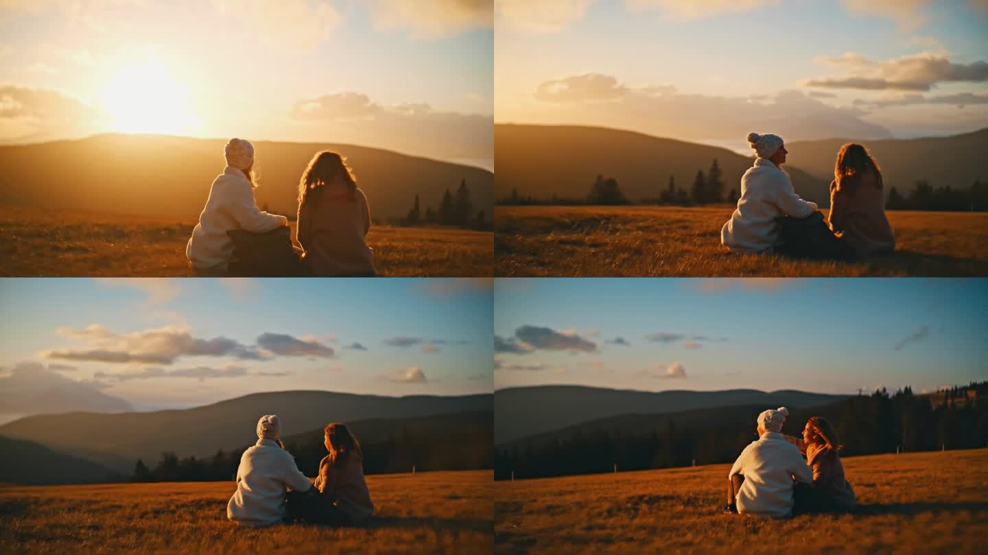 日出时，坐在阳光明媚、田园诗般的山野上的年轻女性朋友