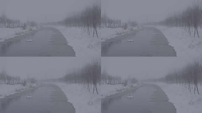 4Kslog2北方冬天弯曲的河道下雪视频