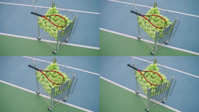 网球场上的练习篮里有很多网球。带拍子的绿色网球放在网球场的购物车上。