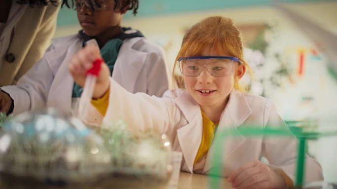 一个可爱的小学女孩的肖像，用移液管向一组植物添加营养水混合物，用于生物实验。孩子们坐在桌子后面做科学