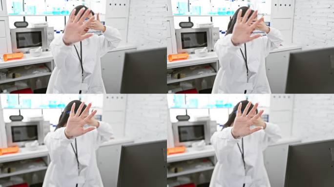 惊慌失措的年轻中国女科学家在实验室里用手捂着眼睛，做着停止的手势。她的表情传达出一种消极的、令人担忧