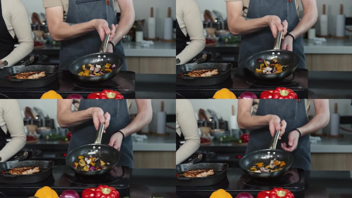 厨师在烹饪节目中用平底锅翻转蔬菜