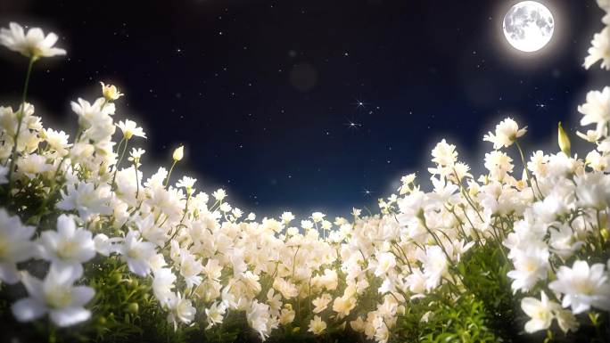4K唯美梦幻夜晚白色花海鲜花月亮背景