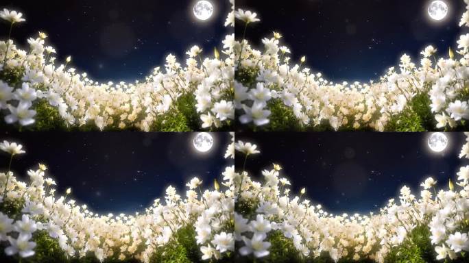 4K唯美梦幻夜晚白色花海鲜花月亮背景