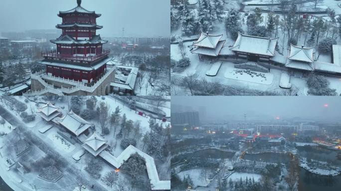 济宁南池公园景区雪景下雪城市宣传片航拍
