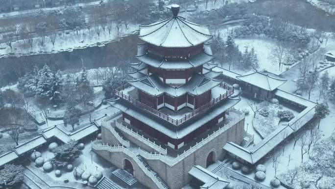 济宁南池公园景区雪景下雪城市宣传片航拍