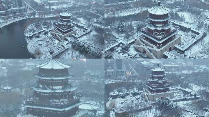 济宁南池公园景区雪景下雪城市宣传片航拍