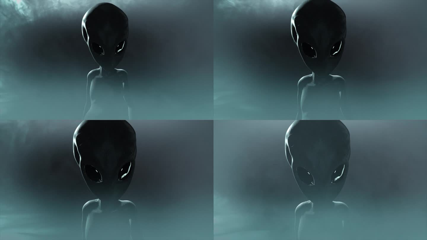 一个经典的、皮肤光泽的罗斯威尔灰色外星人的3D CGI中景到特写镜头，在一个不祥的旋涡雾中，带有灰色
