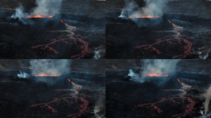 流动的熔岩，炽热的岩浆从火山口喷涌而出，鸟瞰图