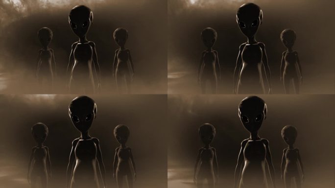3D CGI缓慢，平滑的推入镜头，一组三个经典的，皮肤光泽的罗斯威尔灰色外星人看起来怪异和威胁，在一