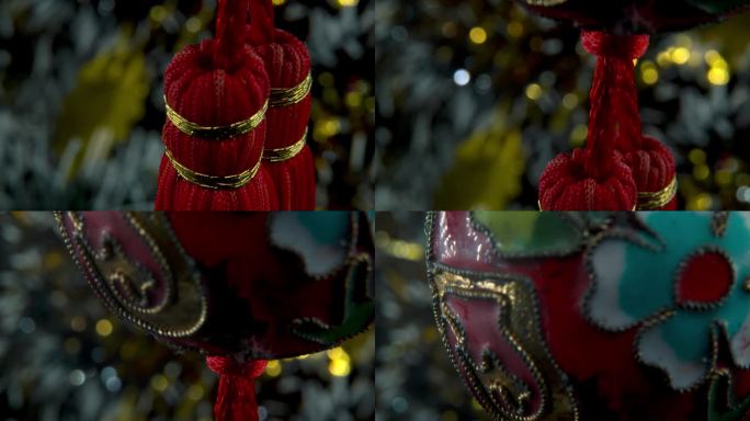 中国新年象征装饰，东方装饰，传统的红色挂灯球，丰富多彩的发光景深，慢微距特写电影倾斜4K视频