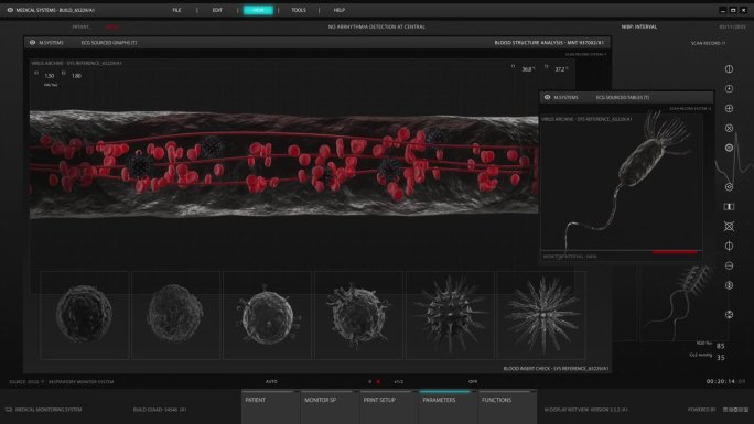 医疗软件模拟:静脉血流的3D演示，多个窗口显示检测到的病毒。医疗保健和科学研究计划模板