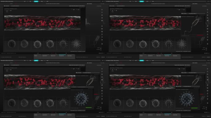 医疗软件模拟:静脉血流的3D演示，多个窗口显示检测到的病毒。医疗保健和科学研究计划模板