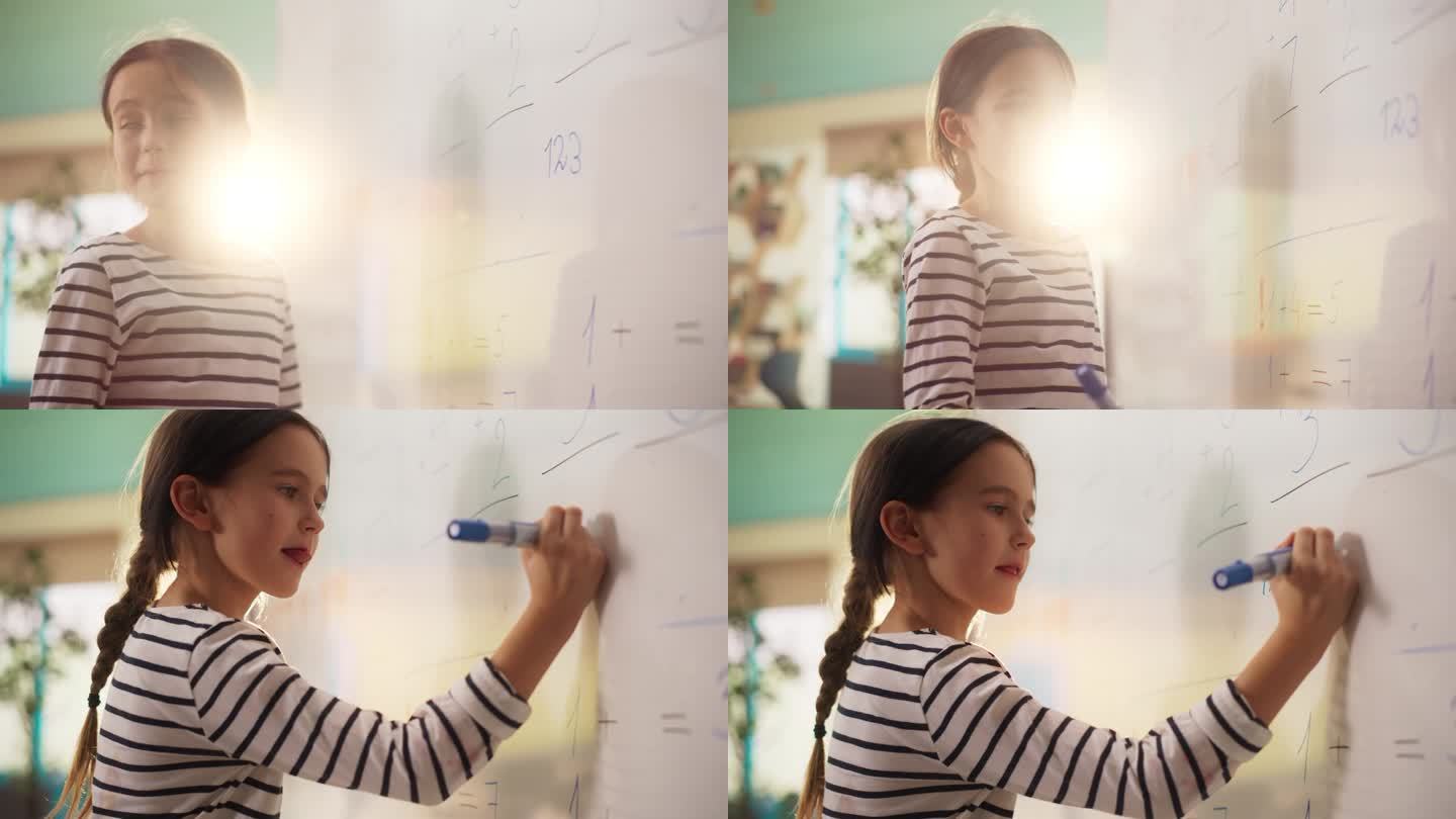 聪明的小女孩在全班同学面前按顺序写数字。年轻专注的女性在黑板上写下答案，乐意为练习提供解决方案