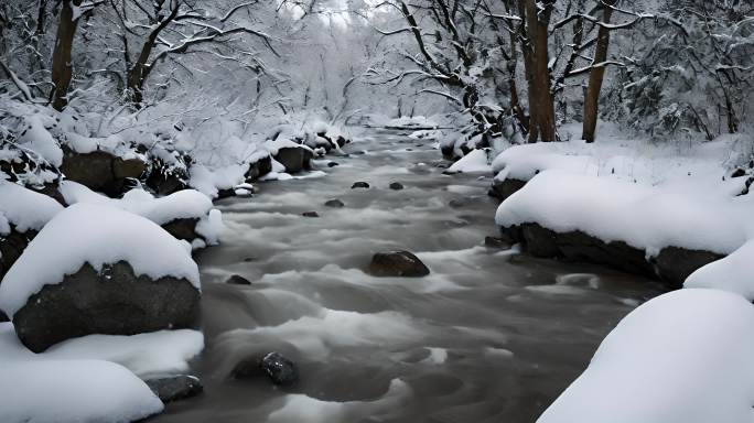 森林雪景下雪天冬季河流树林雾凇唯美下雪天