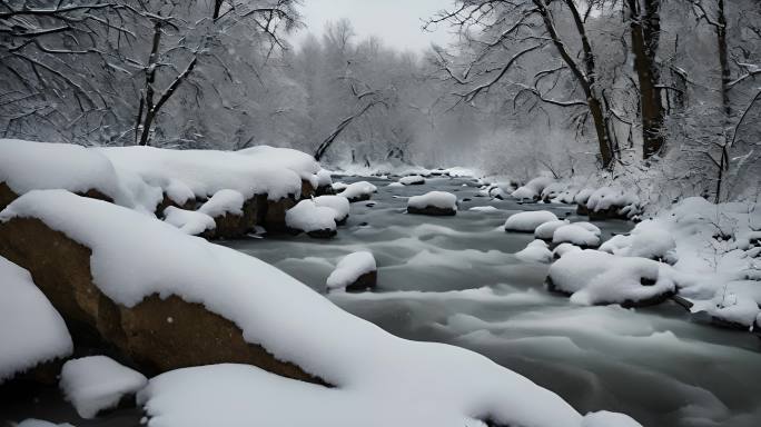 森林雪景下雪天冬季河流树林雾凇唯美下雪天