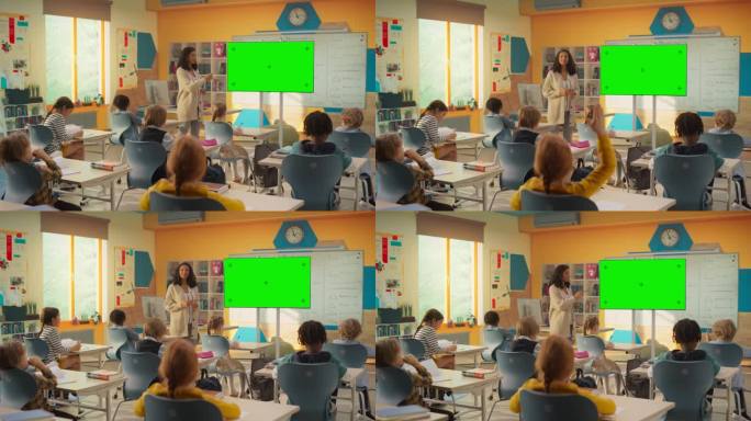 爱心小学老师用绿屏电视，向满教室的小朋友讲解练习。小女孩举手向导师提问