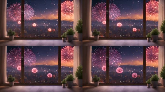 窗外的灯笼烟花过年气氛