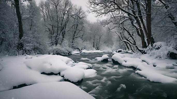 森林雪景下雪天冬季河流树林雾凇唯美下雪天