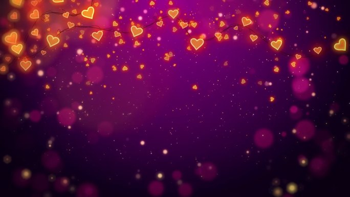 卡通动画紫色背景与发光的心灯笼花环。明亮浪漫的散景与小闪亮的颗粒。循环运动图形。