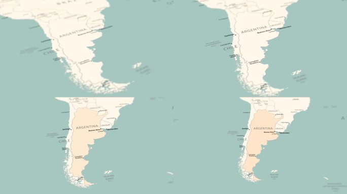 阿根廷在世界地图上。平滑的地图旋转。4 k动画。
