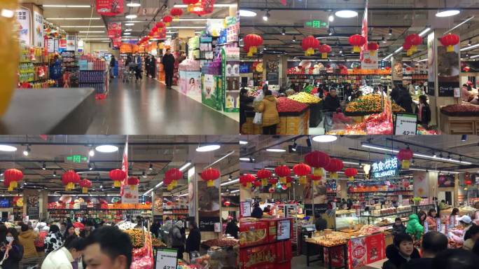 延时，春节超市购物人群，人流，年货大集