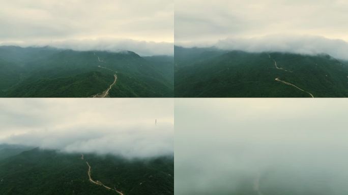 风车 风力发电 航拍 云雾环绕 绿色 山