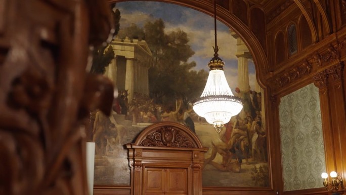 明亮的枝形吊灯悬挂在木制房间的天花板上，墙上有巨大的壁画
