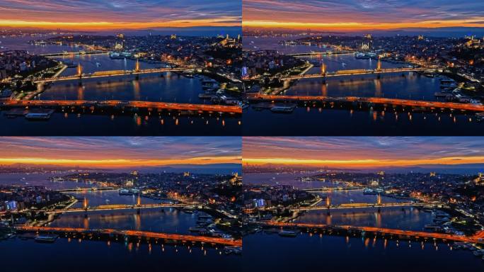 空中桥梁的辉煌:伊斯坦布尔的三个标志在夜晚的威严中照亮#伊斯坦布尔之夜#桥梁全景#城市灯光#地标发光