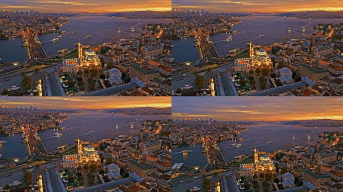 空中黄昏的威严:Yeni Cami清真寺的光辉俯瞰7月15日烈士桥# sysleymaniyenig