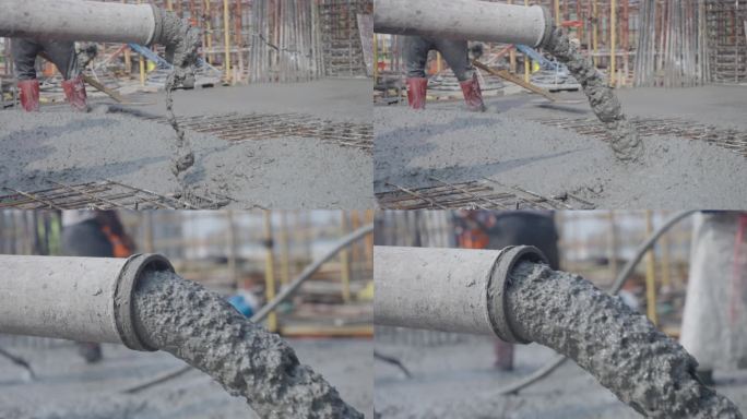 工地工人们在进行水泥浇灌工作4K宣传片
