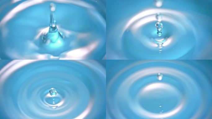 以1000帧/秒的速度拍摄水滴落入静止水面的超慢动作细节镜头。