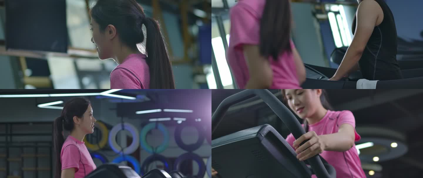 女生在健身房跑步机锻炼