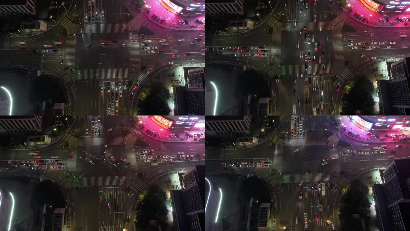 城市CBD十字路口夜景航拍车流延时摄影