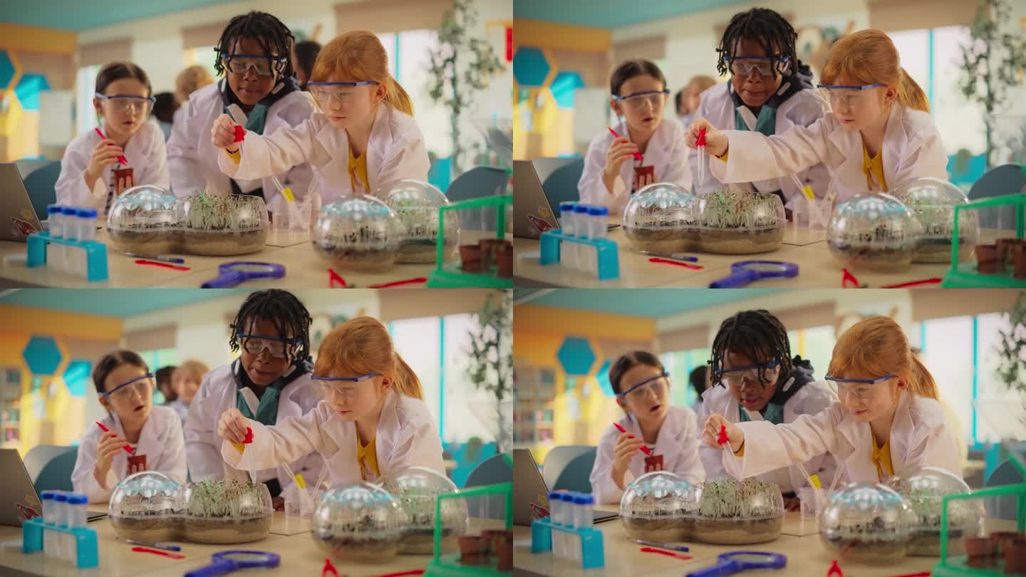 一群小学生坐在桌子后面，为科技博览会做生物实验。穿着防护服和护目镜的男孩和女孩