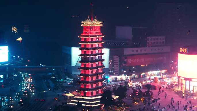 航拍郑州二七广场二七塔夜景雪景