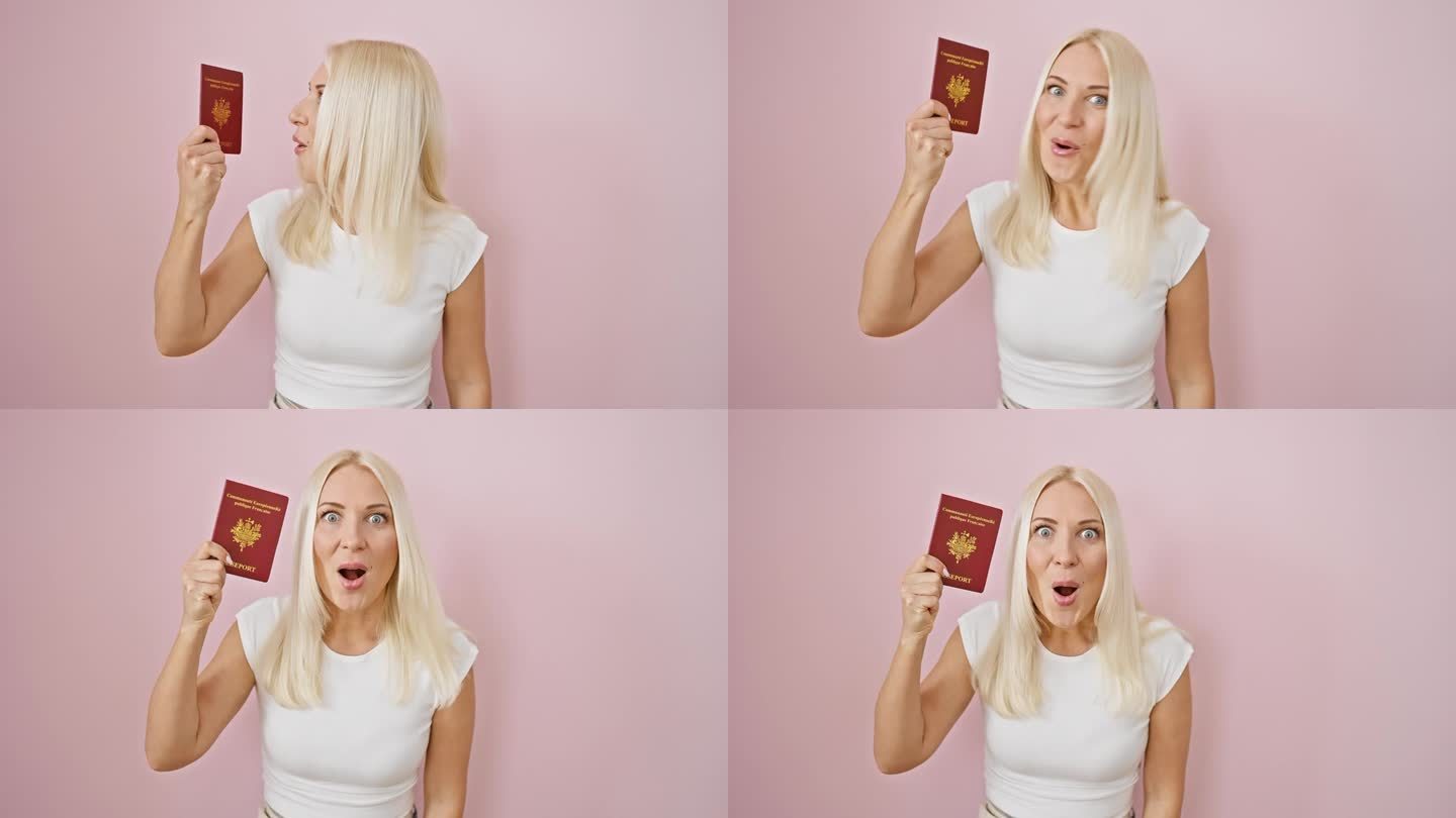 震惊的年轻金发女子，难以置信地张大嘴巴，在孤立的粉红色背景上抓着法国护照，情绪失控，害怕但又惊讶。