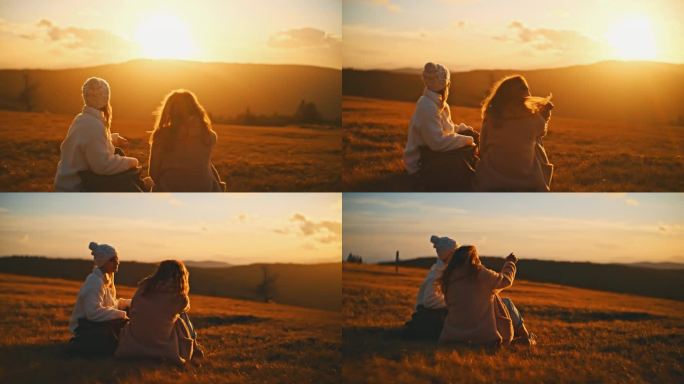 乡村田野里，年轻女子在山上观看日出的慢镜头