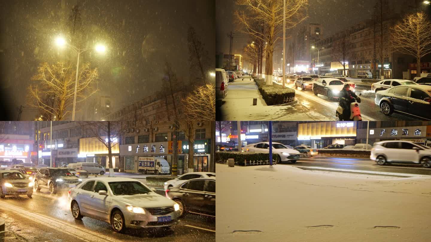 夜晚街道雪景 大雪堵车 城市暴雪 雪花飘