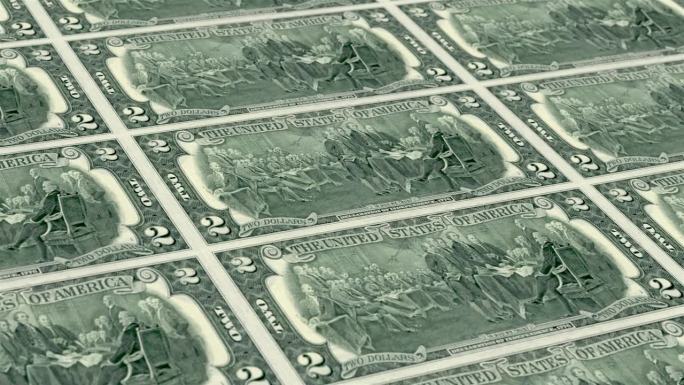 美国联邦储备券2钞票印钞厂，印两张联邦储备券，印钞机印出联邦储备券，由印钞机印钞2联邦储备券钞票