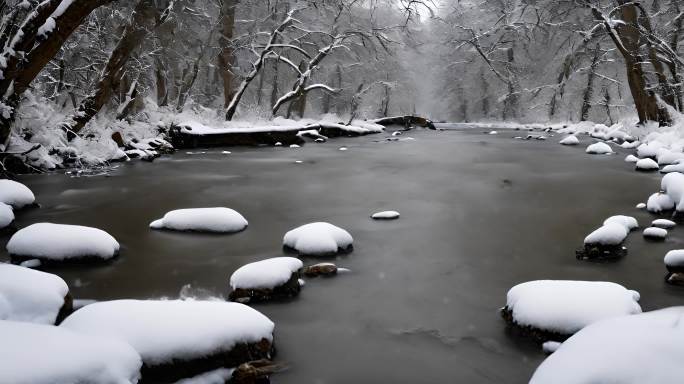 森林雪景下雪天冬季河流树林雾凇唯美下雪天