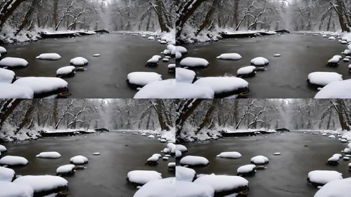 森林雪景下雪天冬季河流树林雾凇唯美下雪天