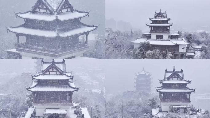 武汉黄鹤楼航拍古建筑雪景雪花大雪