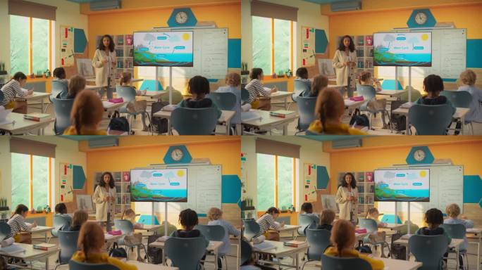女教师在电视屏幕上展示互动水循环图。好奇的小学生有兴趣了解水循环以及太阳和重力如何驱动这个循环