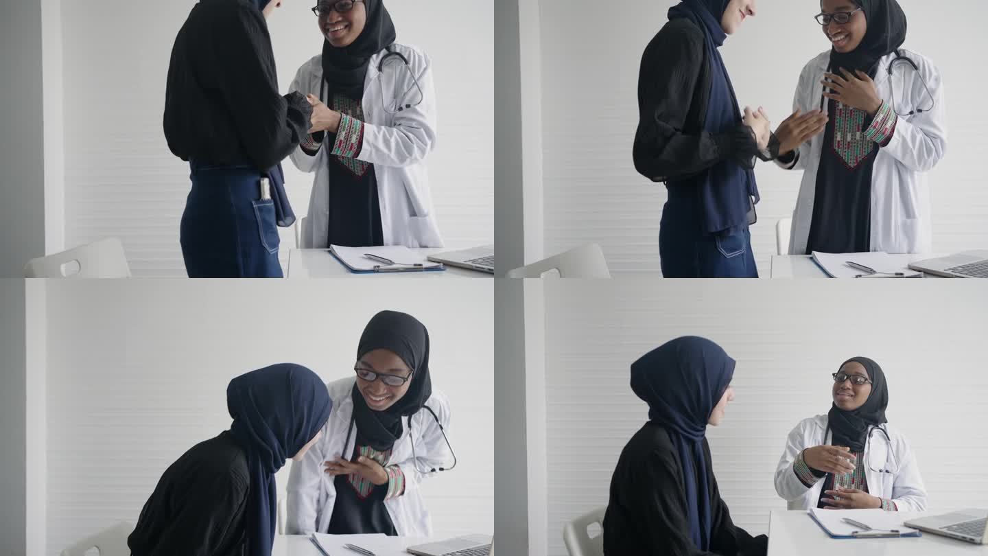 穆斯林白人妇女与穆斯林黑人女医生打招呼。“Assalamualaikum”你好吗?