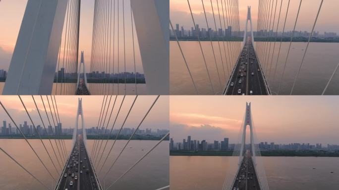 武汉 二七长江大桥 航拍 日落 桥中穿行