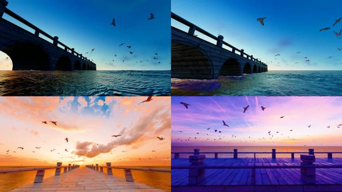 大海桥上漫天飞舞的海鸥慢动作
