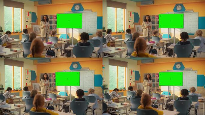 小学生在课堂上的信息时间:女教师在现代彩色教室里用模拟绿屏电视教育聪明多样的孩子