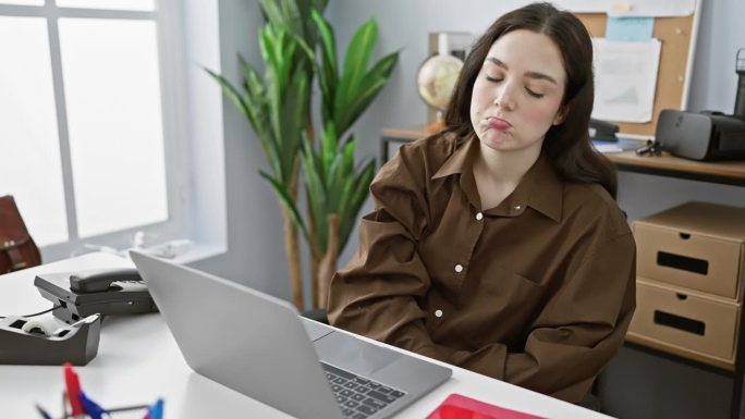年轻的白人女性在办公室里无聊的工作，坐在她的办公桌前，有一台笔记本电脑和办公用品。